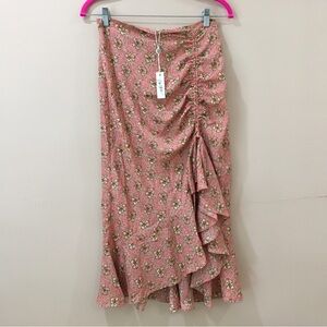 Max Studio Ruffle Midi Skirt Pink Floral Ruched Front Boho High Low Womens M